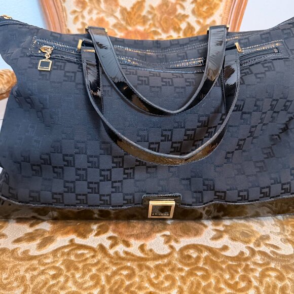 St. John Black Monogram Jacquard Tote Patent Trim Designer Large Shoulder Bag - Picture 2 of 4